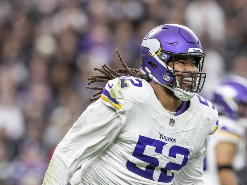 Minnesota Vikings defensive lineman Sheldon Day (52) against the Las Vegas Raiders in an NFL football game, Sunday, Dec. 10, 2023, in Las Vegas, NV. Vikings defeat the Raiders 3-0. (AP Photo/Jeff Lewis)