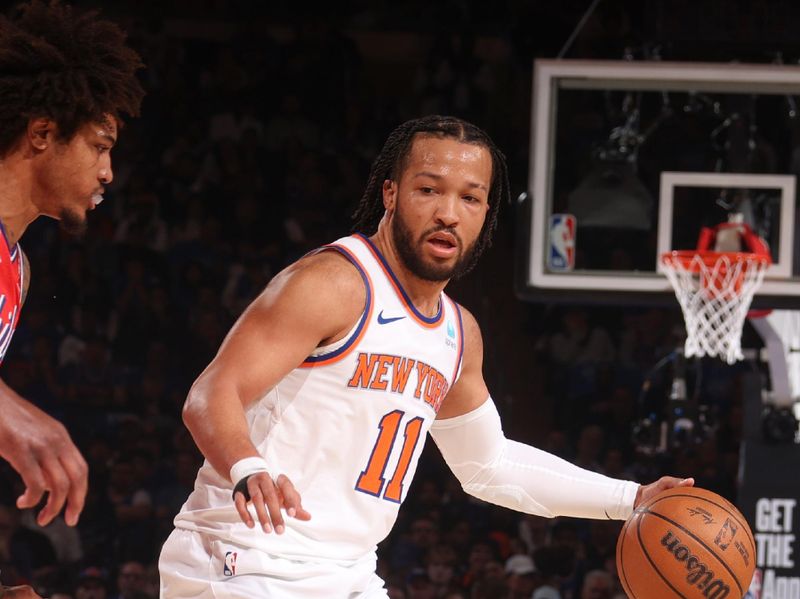 NEW YORK, NY - APRIL 20:  Jalen Brunson #11 of the New York Knicks handles the ball during the game  against the Philadelphia 76ers during Round 1 Game 1 of the 2024 NBA Playoffs on April 20, 2024 at Madison Square Garden in New York City, New York.  NOTE TO USER: User expressly acknowledges and agrees that, by downloading and or using this photograph, User is consenting to the terms and conditions of the Getty Images License Agreement. Mandatory Copyright Notice: Copyright 2024 NBAE  (Photo by Nathaniel S. Butler/NBAE via Getty Images)