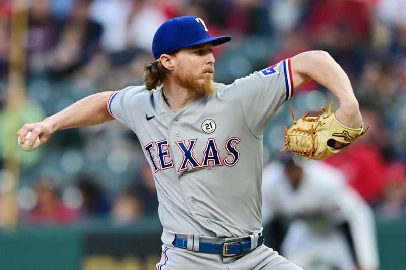 Sep 15, 2023; Cleveland, Ohio, USA; Texas Rangers starting pitcher Jon Gray (21) throws a pitch during the first inning against the Cleveland Guardians at Progressive Field. Mandatory Credit: Ken Blaze-USA TODAY Sports