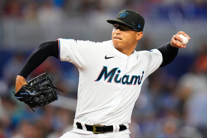 Jul 23, 2023; Miami, Florida, USA; Miami Marlins starting pitcher Jesus Luzardo (44) throws a pitch against the Colorado Rockies during the first inning at loanDepot Park. Mandatory Credit: Rich Storry-USA TODAY Sports