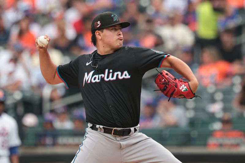 Aug 18, 2024; New York City, New York, USA; Miami Marlins starting pitcher Valente Bellozo (83) delivers a pitch during the first inning against the New York Mets at Citi Field. Mandatory Credit: Vincent Carchietta-USA TODAY Sports