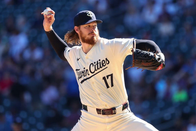 Sep 29, 2024; Minneapolis, Minnesota, USA; Minnesota Twins starting pitcher Bailey Ober (17) delivers a pitch against the Baltimore Orioles during the first inning at Target Field. Mandatory Credit: Matt Krohn-Imagn Images