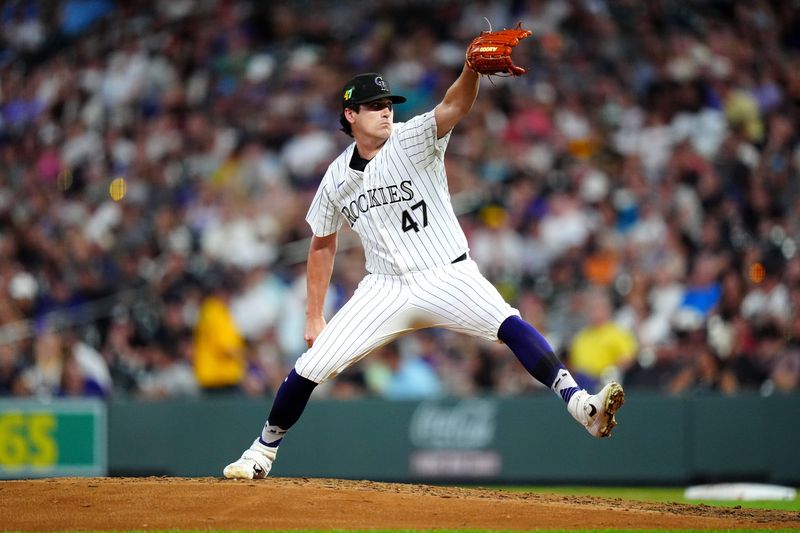 Aug 16, 2024; Denver, Colorado, USA; Colorado Rockies starting pitcher Cal Quantrill (47) delivers a pitch in the fifth inning against the San Diego Padres at Coors Field. Mandatory Credit: Ron Chenoy-USA TODAY Sports