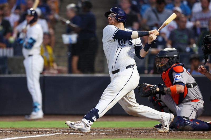 May 19, 2025; Tampa, Florida, USA; Tampa Bay Rays catcher Danny Jansen (19) hits a two run home run against the Houston Astros in the fifth inning at George M. Steinbrenner Field. Mandatory Credit: Nathan Ray Seebeck-Imagn Images