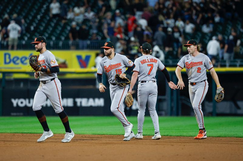 Sep 16, 2025; Chicago, Illinois, USA; Baltimore Orioles players celebrate team's win against the Chicago White Sox in a baseball game at Rate Field. Mandatory Credit: Kamil Krzaczynski-Imagn Images