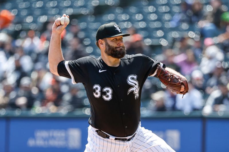 Apr 6, 2023; Chicago, Illinois, USA; Chicago White Sox starting pitcher Lance Lynn (33) delivers against the San Francisco Giants during the first inning at Guaranteed Rate Field. Mandatory Credit: Kamil Krzaczynski-USA TODAY Sports