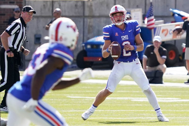 Oct 22, 2022; Dallas, Texas, USA; Southern Methodist Mustangs quarterback Preston Stone (2) looks to pass during the second half against the Cincinnati Bearcats at Gerald J. Ford Stadium. Mandatory Credit: Raymond Carlin III-USA TODAY Sports