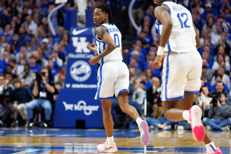 Feb 24, 2024; Lexington, Kentucky, USA; Kentucky Wildcats guard Rob Dillingham (0) celebrates a three point basket during the second half against the Alabama Crimson Tide at Rupp Arena at Central Bank Center. Mandatory Credit: Jordan Prather-USA TODAY Sports