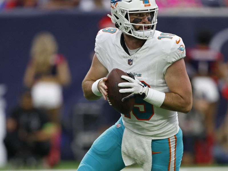 Miami Dolphins quarterback Skylar Thompson (19) in action during an NFL preseason football game against the Houston Texans, Saturday, Aug. 19, 2023, in Houston. (AP Photo/Tyler Kaufman)