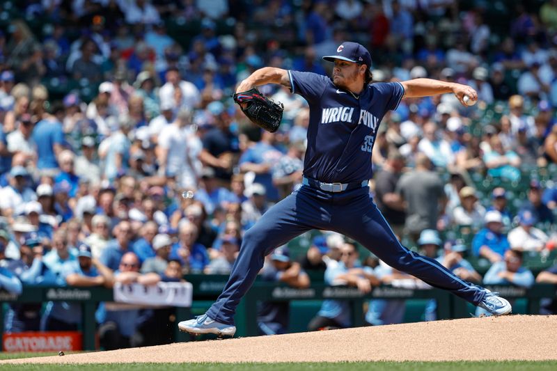 Jul 19, 2024; Chicago, Illinois, USA; Chicago Cubs starting pitcher Justin Steele (35) delivers a pitch against the Arizona Diamondbacks during the first inning at Wrigley Field. Mandatory Credit: Kamil Krzaczynski-USA TODAY Sports