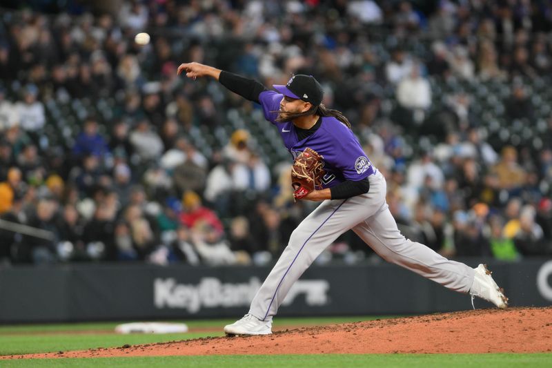 Apr 16, 2023; Seattle, Washington, USA; Colorado Rockies relief pitcher Dinelson Lamet (32) pitches to the Seattle Mariners during the sixth inning at T-Mobile Park. Mandatory Credit: Steven Bisig-USA TODAY Sports