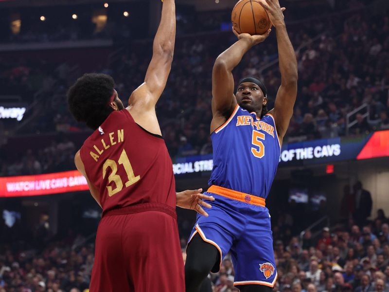 CLEVELAND, OH - APRIL 2:  Precious Achiuwa #5 of the New York Knicks shoots the ball during the game against the Cleveland Cavaliers on April 2, 2025 at Rocket Mortgage FieldHouse in Cleveland, Ohio. NOTE TO USER: User expressly acknowledges and agrees that, by downloading and/or using this Photograph, user is consenting to the terms and conditions of the Getty Images License Agreement. Mandatory Copyright Notice: Copyright 2025 NBAE (Photo by  Lauren Leigh Bacho/NBAE via Getty Images)