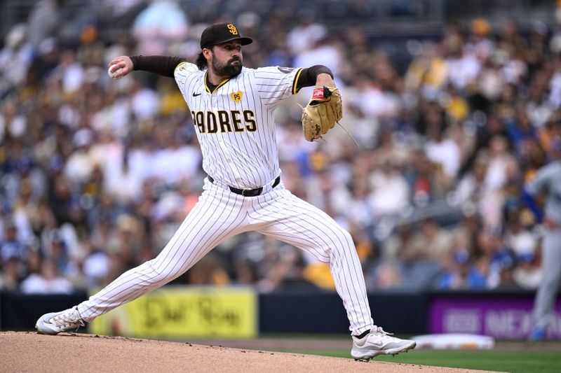 May 11, 2024; San Diego, California, USA; San Diego Padres starting pitcher Matt Waldron (61) throws a pitch against the Los Angeles Dodgers during the first inning at Petco Park. Mandatory Credit: Orlando Ramirez-USA TODAY Sports