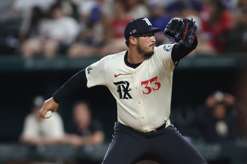 Aug 30, 2024; Arlington, Texas, USA; Texas Rangers pitcher Dane Dunning (33) throws a pitch against the Oakland Athletics in the seventh inning at Globe Life Field. Mandatory Credit: Tim Heitman-USA TODAY Sports