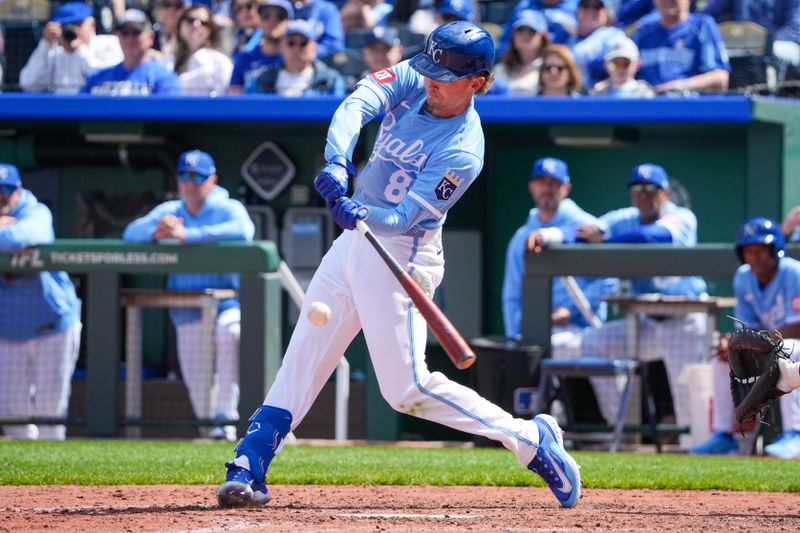 Apr 10, 2025; Kansas City, Missouri, USA; Kansas City Royals third baseman Jonathan India (6) singles against the Minnesota Twins in the seventh inning at Kauffman Stadium. Mandatory Credit: Denny Medley-Imagn Images