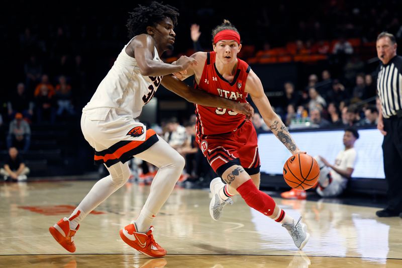 Jan 26, 2023; Corvallis, Oregon, USA; Utah Utes guard Gabe Madsen (55, right) dribbles the ball while defended by Oregon State Beavers forward Glenn Taylor Jr. (35) during the second half at Gill Coliseum. Mandatory Credit: Soobum Im-USA TODAY Sports