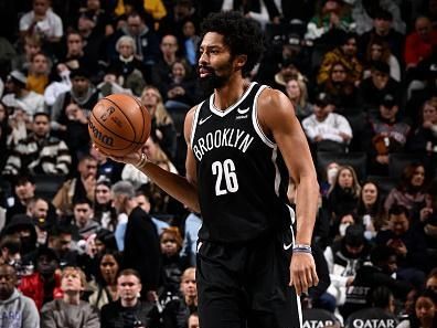 BROOKLYN, NY - DECEMBER 23: Spencer Dinwiddie #26 of the Brooklyn Nets handles the ball during the game against the Detroit Pistons on December 23, 2023 at Barclays Center in Brooklyn, New York. NOTE TO USER: User expressly acknowledges and agrees that, by downloading and or using this Photograph, user is consenting to the terms and conditions of the Getty Images License Agreement. Mandatory Copyright Notice: Copyright 2023 NBAE (Photo by David Dow/NBAE via Getty Images)