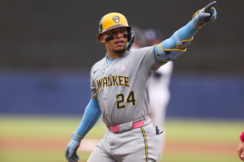 May 11, 2025; Tampa, Florida, USA; Milwaukee Brewers catcher William Contreras (24) reacts after hitting a home run against the Tampa Bay Rays in the fourth inning at George M. Steinbrenner Field. Mandatory Credit: Nathan Ray Seebeck-Imagn Images