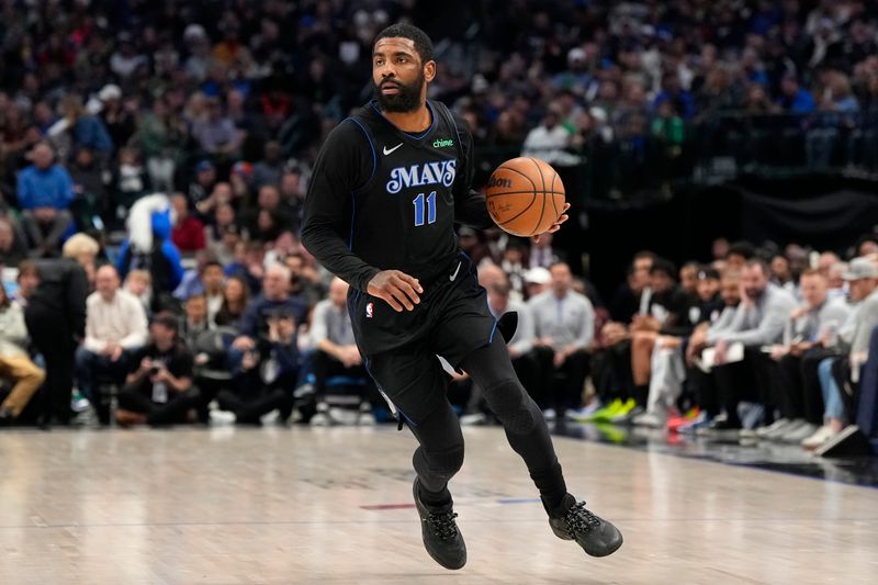 DALLAS, TEXAS - JANUARY 15: Kyrie Irving #11 of the Dallas Mavericks controls the ball during the first half against the New Orleans Pelicans at American Airlines Center on January 15, 2024 in Dallas, Texas. NOTE TO USER: User expressly acknowledges and agrees that, by downloading and or using this photograph, User is consenting to the terms and conditions of the Getty Images License Agreement. (Photo by Sam Hodde/Getty Images)