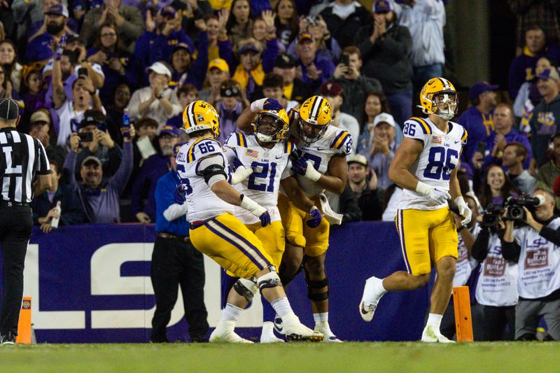 Nov 11, 2023; Baton Rouge, Louisiana, USA;  LSU Tigers running back Noah Cain (21) is congratulated after scoring a touchdown against the Florida Gators during the second half at Tiger Stadium. Mandatory Credit: Stephen Lew-USA TODAY Sports