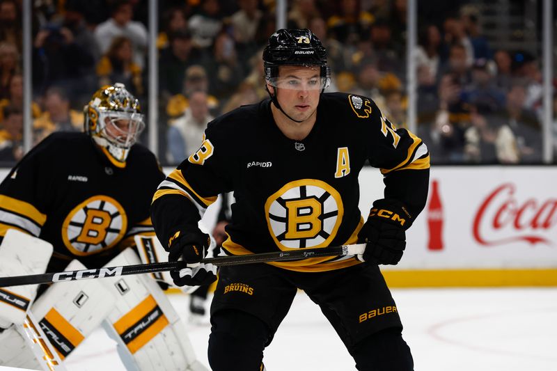 Oct 25, 2025; Boston, Massachusetts, USA; Boston Bruins defenseman Charlie McAvoy (73) during the first period against the Colorado Avalanche at TD Garden. Mandatory Credit: Winslow Townson-Imagn Images