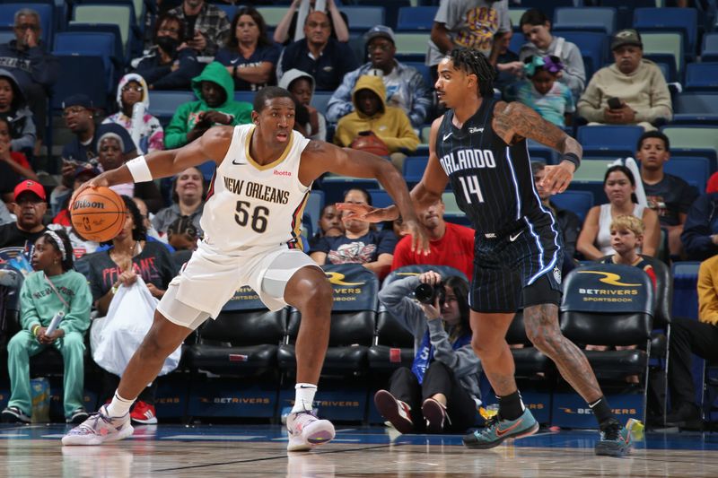 NEW ORLEANS, LA - OCTOBER 10: Trey Jemison #56 of the New Orleans Pelicans drives to the basket during the game against the Orlando Magic on October 10, 2023 at the Smoothie King Center in New Orleans, Louisiana. NOTE TO USER: User expressly acknowledges and agrees that, by downloading and or using this Photograph, user is consenting to the terms and conditions of the Getty Images License Agreement. Mandatory Copyright Notice: Copyright 2023 NBAE (Photo by Layne Murdoch Jr./NBAE via Getty Images)