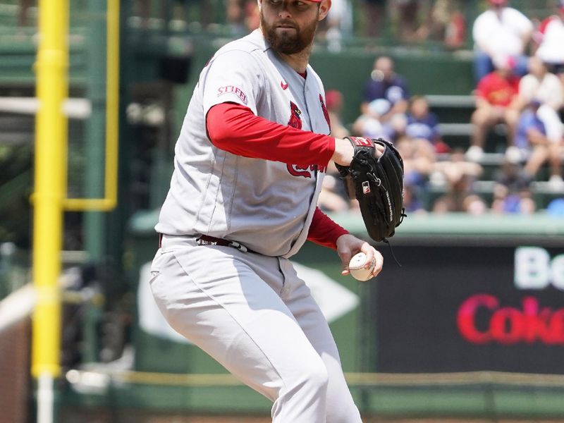 Jul 23, 2023; Chicago, Illinois, USA; St. Louis Cardinals starting pitcher Jordan Montgomery (47) throws the ball against the Chicago Cubs during the first inning at Wrigley Field. Mandatory Credit: David Banks-USA TODAY Sports