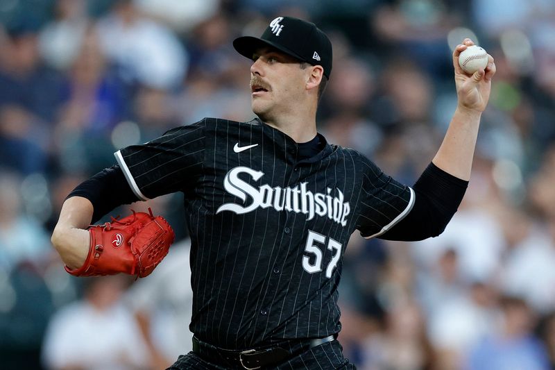 Aug 12, 2024; Chicago, Illinois, USA; Chicago White Sox pitcher Ky Bush (57) throws a pitch during the first inning against the New York Yankees at Guaranteed Rate Field. Mandatory Credit: Kamil Krzaczynski-USA TODAY Sports