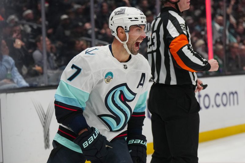 Dec 20, 2023; Los Angeles, California, USA; Seattle Kraken right wing Jordan Eberle (7) celebrates after a goal against the LA Kings in the third period at Crypto.com Arena. Mandatory Credit: Kirby Lee-USA TODAY Sports