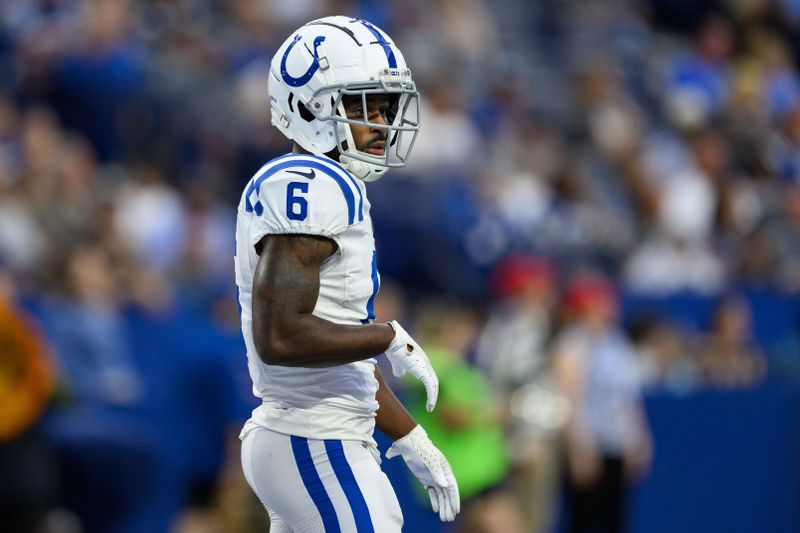 Indianapolis Colts wide receiver Isaiah McKenzie (6) looks to the sidelines during an NFL football game against the Chicago Bears, Saturday, Aug. 19, 2023, in Indianapolis. (AP Photo/Zach Bolinger)