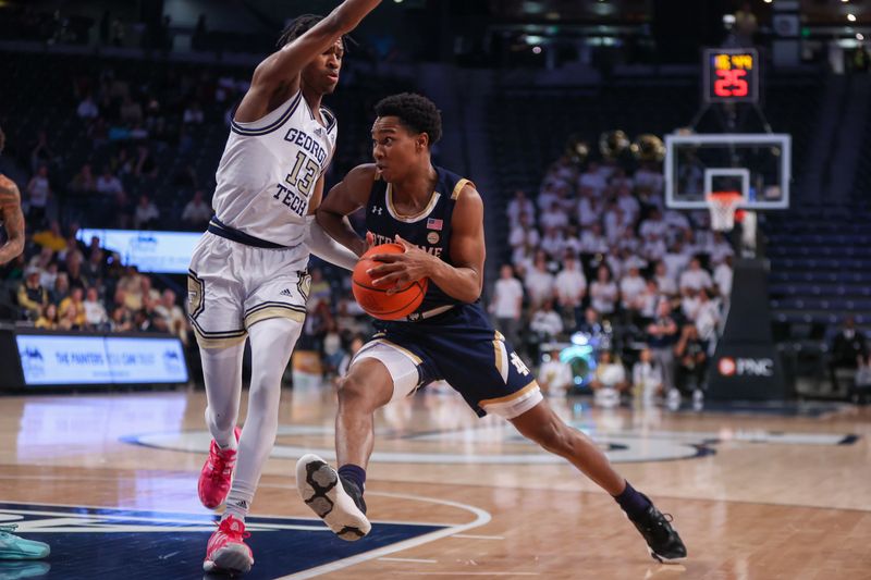 Feb 8, 2023; Atlanta, Georgia, USA; Notre Dame Fighting Irish guard Marcus Hammond (10) is defended by Georgia Tech Yellow Jackets guard Miles Kelly (13) in the first half at McCamish Pavilion. Mandatory Credit: Brett Davis-USA TODAY Sports