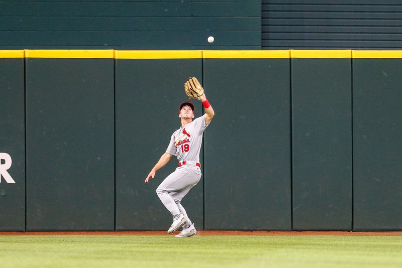 Jun 7, 2023; Arlington, Texas, USA; St. Louis Cardinals center fielder Tommy Edman (19) catches a fly ball during the seventh inning against the Texas Rangers at Globe Life Field. Mandatory Credit: Andrew Dieb-USA TODAY Sports