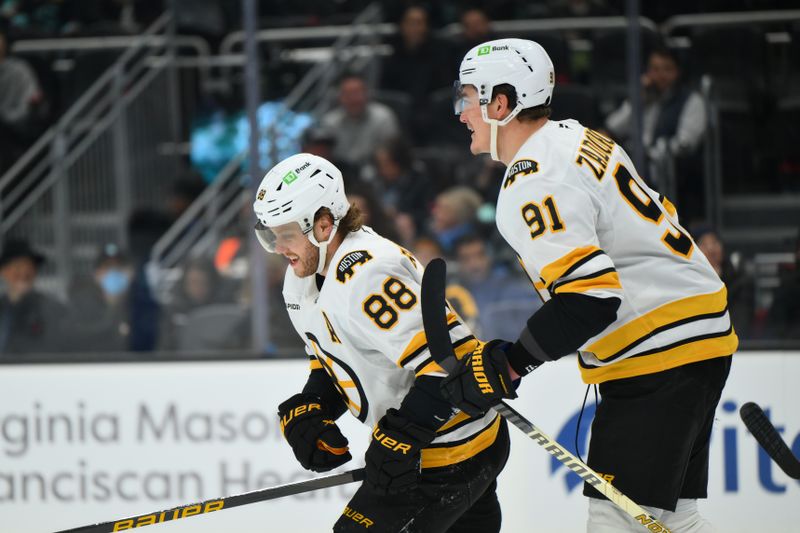 Jan 6, 2026; Seattle, Washington, USA; Boston Bruins right wing David Pastrnak (88) after scoring a goal against the Seattle Kraken during the first period at Climate Pledge Arena. Mandatory Credit: Steven Bisig-Imagn Images