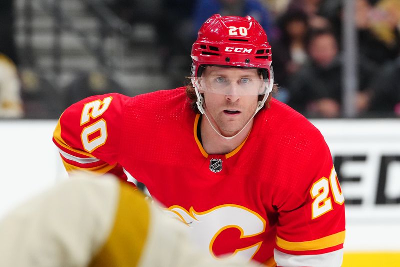 Jan 13, 2024; Las Vegas, Nevada, USA; Calgary Flames center Blake Coleman (20) awaits a face off against the Vegas Golden Knights during the first period at T-Mobile Arena. Mandatory Credit: Stephen R. Sylvanie-USA TODAY Sports