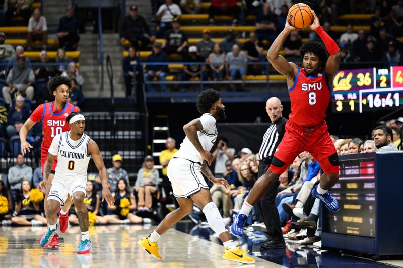 Feb 26, 2025; Berkeley, California, USA; SMU Mustangs guard Kario Oquendo (8) keeps the ball inbounds against California Golden Bears guard Jovan Blacksher Jr. (10) in the second half at Haas Pavilion. Mandatory Credit: Eakin Howard-Imagn Images