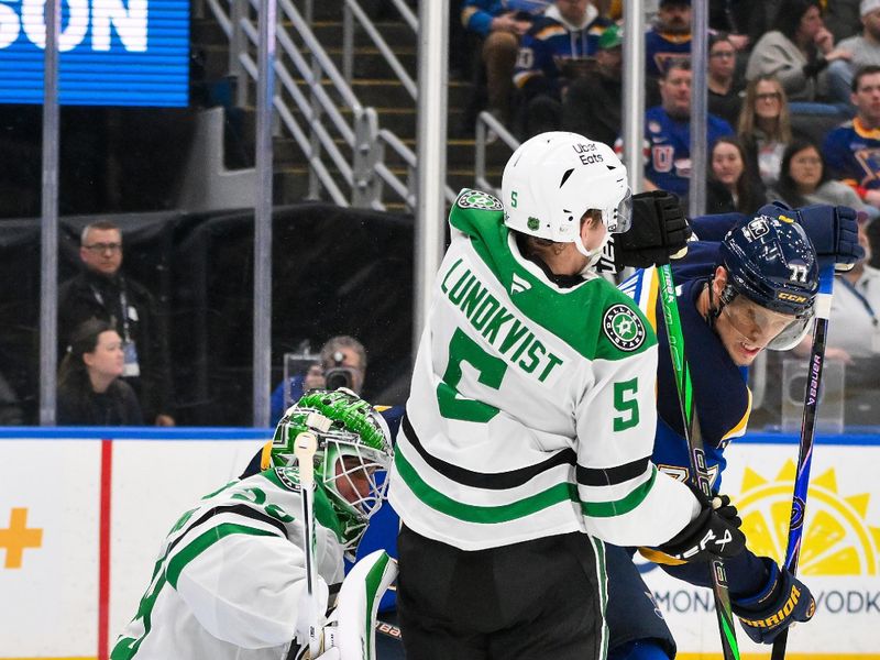 Jan 27, 2026; St. Louis, Missouri, USA; Dallas Stars goaltender Jake Oettinger (29) and defenseman Nils Lundkvist (5) defend the net against St. Louis Blues center Nick Bjugstad (77) during the second period at Enterprise Center. Mandatory Credit: Jeff Curry-Imagn Images