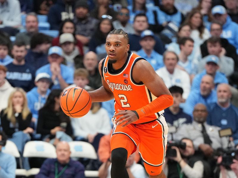 Feb 2, 2026; Chapel Hill, North Carolina, USA;  Syracuse Orange guard JJ Starling (2) brings the ball up the court in the first half at Dean E. Smith Center. Mandatory Credit: Bob Donnan-Imagn Images