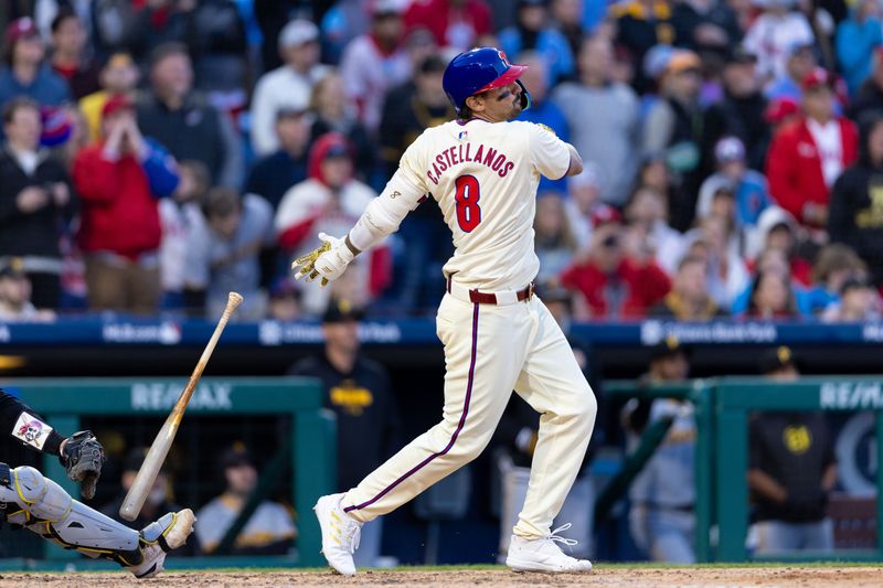 Apr 13, 2024; Philadelphia, Pennsylvania, USA; Philadelphia Phillies outfielder Nick Castellanos (8) hits a walk off RBI single during the ninth inning against the Pittsburgh Pirates at Citizens Bank Park. Mandatory Credit: Bill Streicher-USA TODAY Sports