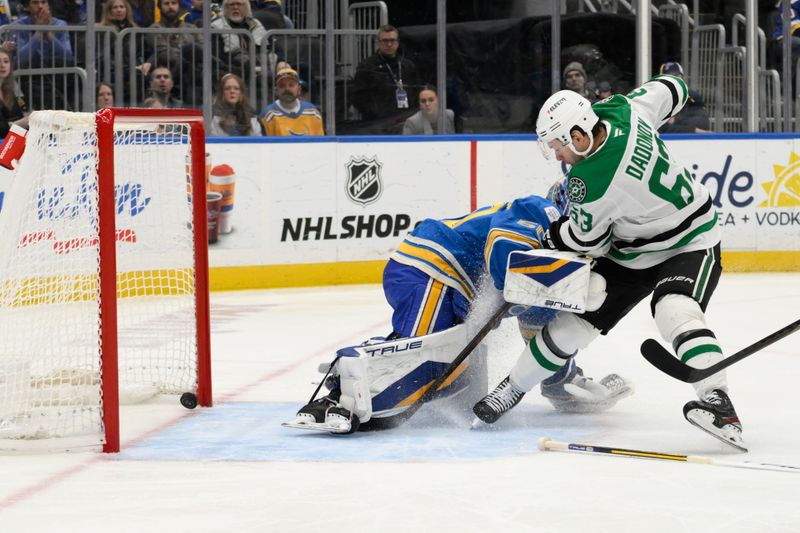 Jan 25, 2025; St. Louis, Missouri, USA; Dallas Stars right wing Evgenii Dadonov (63) scores a goal against St. Louis Blues goaltender Jordan Binnington (50) during the first period at Enterprise Center. Mandatory Credit: Jeff Le-Imagn Images