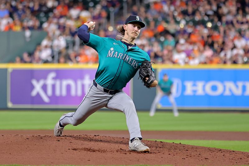 May 5, 2024; Houston, Texas, USA; Seattle Mariners pitcher Bryce Miller (50) delivers a pitch against the Houston Astros during the first inning at Minute Maid Park. Mandatory Credit: Erik Williams-USA TODAY Sports