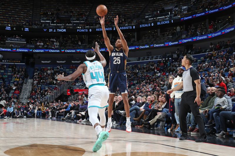 NEW ORLEANS, LA - JANUARY 17: Trey Murphy III #25 of the New Orleans Pelicans shoots a three point basket during the game against the Charlotte Hornets on January 17, 2024 at the Smoothie King Center in New Orleans, Louisiana. NOTE TO USER: User expressly acknowledges and agrees that, by downloading and or using this Photograph, user is consenting to the terms and conditions of the Getty Images License Agreement. Mandatory Copyright Notice: Copyright 2024 NBAE (Photo by Layne Murdoch Jr./NBAE via Getty Images)