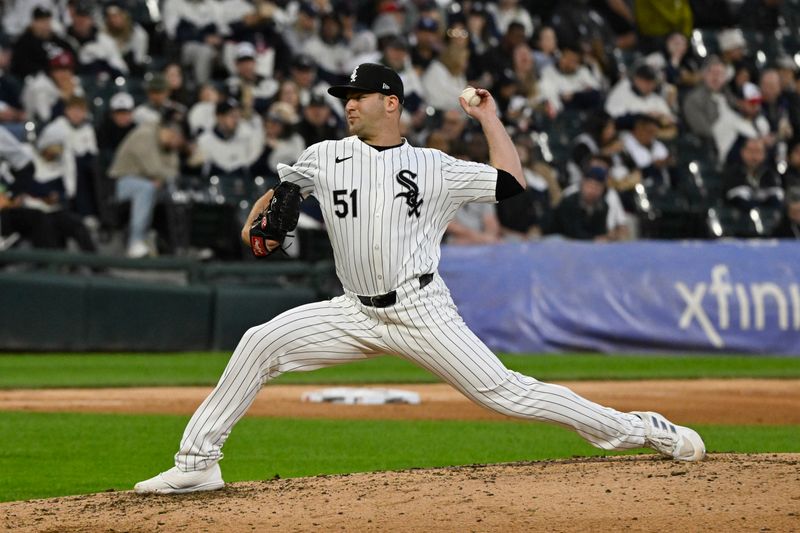 May 11, 2024; Chicago, Illinois, USA;  Chicago White Sox pitcher Jared Shuster (51) delivers against the Cleveland Guardians during the seventh inning at Guaranteed Rate Field. Mandatory Credit: Matt Marton-USA TODAY Sports