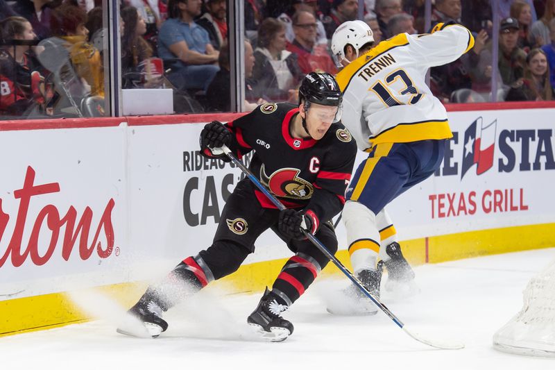 Jan 29, 2024; Ottawa, Ontario, CAN; Ottawa Senators left wing Brady Tkachuk (7) and Nashville Predators center Yakov Trenin (13) chase the puck in the first period at the Canadian Tire Centre. Mandatory Credit: Marc DesRosiers-USA TODAY Sports