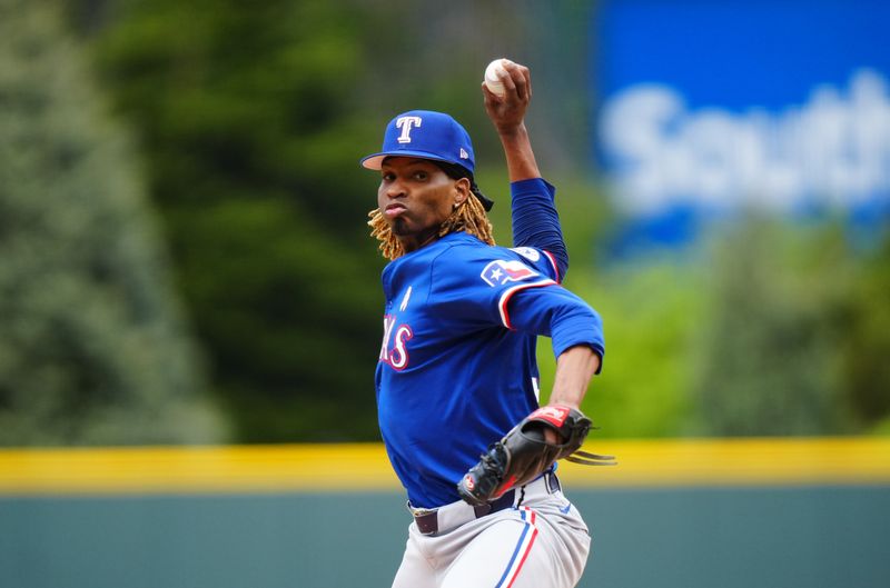 May 12, 2024; Denver, Colorado, USA; Texas Rangers starting pitcher José Ureña (54) delivers a pitch in the first inning against the Colorado Rockies at Coors Field. Mandatory Credit: Ron Chenoy-USA TODAY Sports