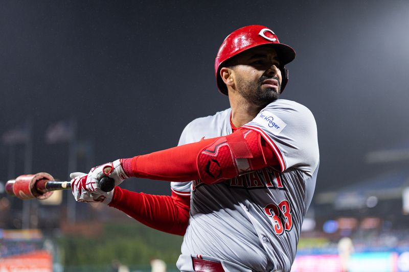 Apr 3, 2024; Philadelphia, Pennsylvania, USA; Cincinnati Reds first baseman Christian Encarnacion-Strand (33) prepares to bat during the eighth inning against the Philadelphia Phillies at Citizens Bank Park. Mandatory Credit: Bill Streicher-USA TODAY Sports