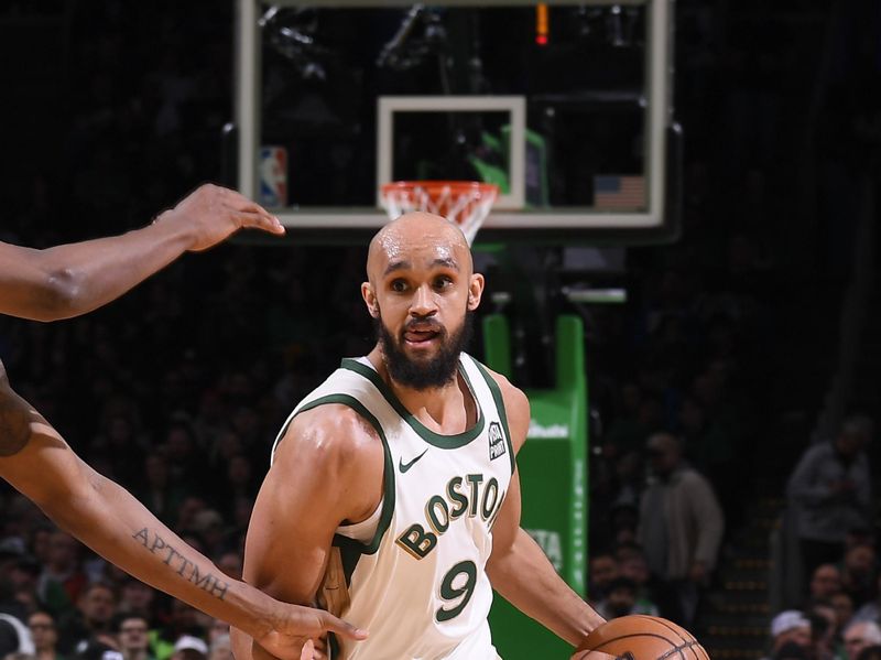 BOSTON, MA - APRIL 7: Derrick White #9 of the Boston Celtics goes to the basket during the game on April 7, 2024 at the TD Garden in Boston, Massachusetts. NOTE TO USER: User expressly acknowledges and agrees that, by downloading and or using this photograph, User is consenting to the terms and conditions of the Getty Images License Agreement. Mandatory Copyright Notice: Copyright 2024 NBAE  (Photo by Brian Babineau/NBAE via Getty Images)