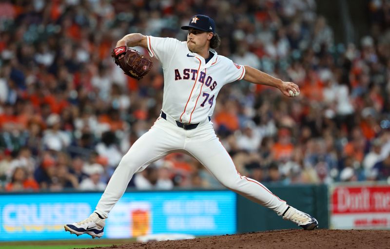 Mar 26, 2026; Houston, Texas, USA; Houston Astros pitcher Bryan King (74) pitches against the Los Angeles Angels in the eighth inning at Daikin Park. Mandatory Credit: Thomas Shea-Imagn Images