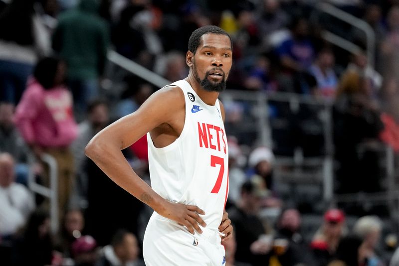 DETROIT, MICHIGAN - DECEMBER 18: Kevin Durant #7 of the Brooklyn Nets looks on against the Detroit Pistons at Little Caesars Arena on December 18, 2022 in Detroit, Michigan. NOTE TO USER: User expressly acknowledges and agrees that, by downloading and or using this photograph, User is consenting to the terms and conditions of the Getty Images License Agreement. (Photo by Nic Antaya/Getty Images)