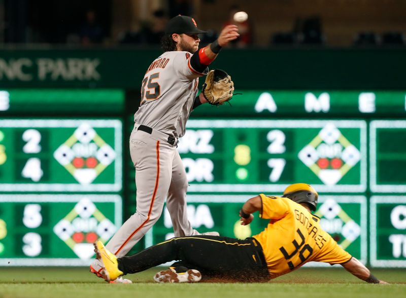 Jul 14, 2023; Pittsburgh, Pennsylvania, USA;  San Francisco Giants shortstop Brandon Crawford (35) turns a double play over Pittsburgh Pirates second baseman Nick Gonzales (39) to end the game during the ninth inning at PNC Park. The Giants won 6-4. Mandatory Credit: Charles LeClaire-USA TODAY Sports