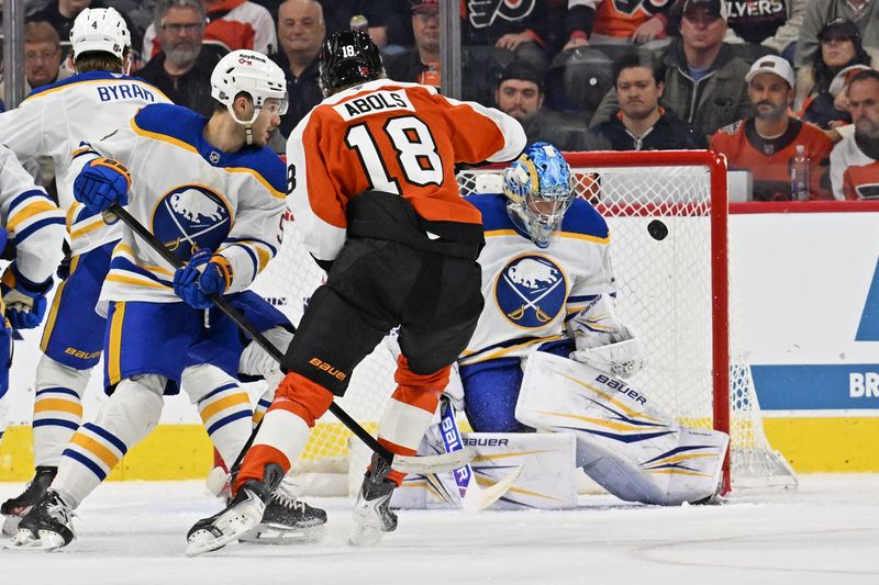 Dec 3, 2025; Philadelphia, Pennsylvania, USA; Buffalo Sabres goaltender Colten Ellis (92) makes a save against Philadelphia Flyers center Rodrigo Abols (18) during the first period at Xfinity Mobile Arena. Mandatory Credit: Eric Hartline-Imagn Images